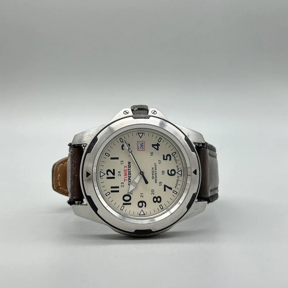 Timex Expedition Indiglo Mens Watch 42mm Cream Dial Brown Leather Date New Batt